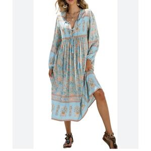 Long Sleeve Lightweight Floral V Neck Tassel Bohemian Midi Dress Beach Kaftan L‎
